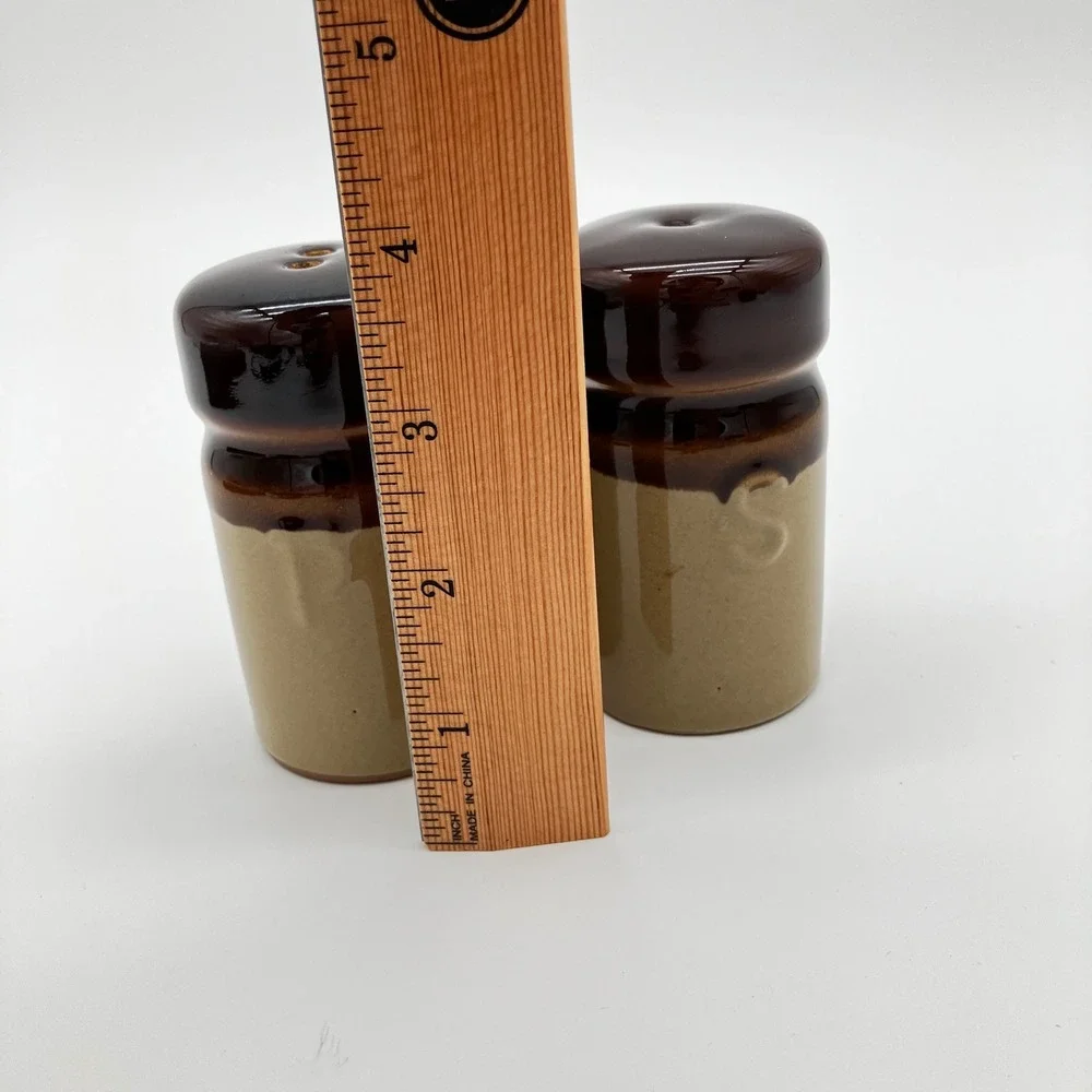 Vintage Salt & Pepper Shakers Set 4.25in Brown Dip Glaze Stoneware MCM Retro